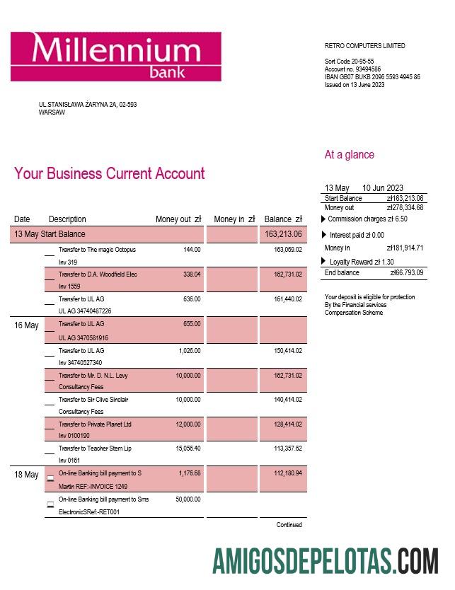 Realista Millenium Bank Enterprise Statement Modelo Word e PDF